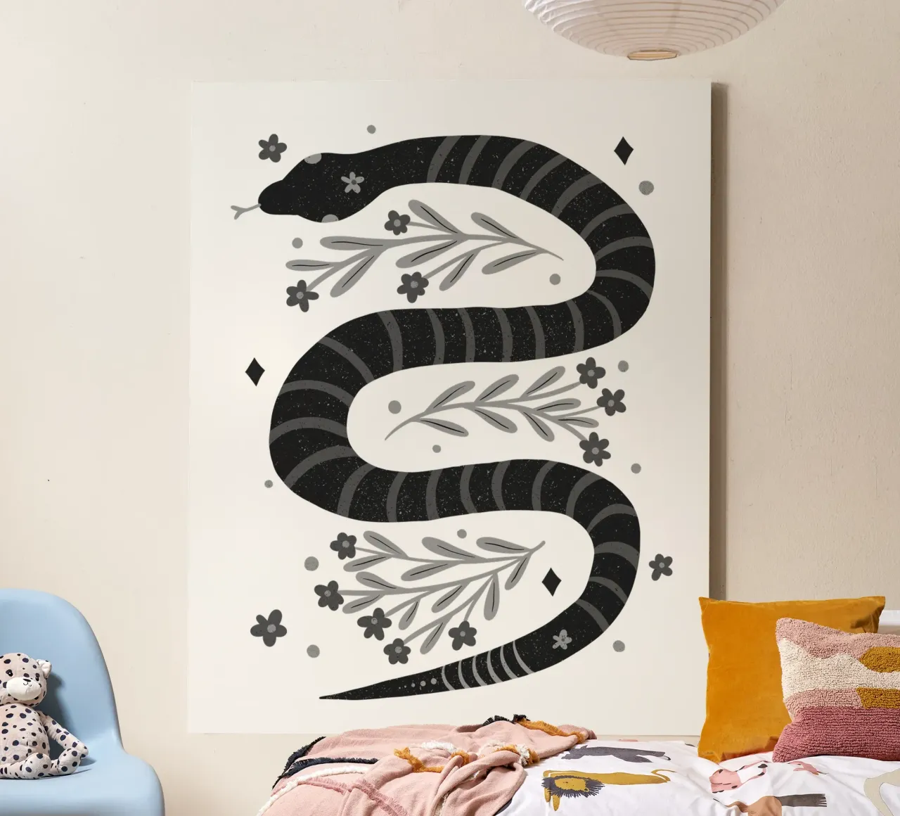 Modern snake - black and white canvas with Floater frame by Wackapacka