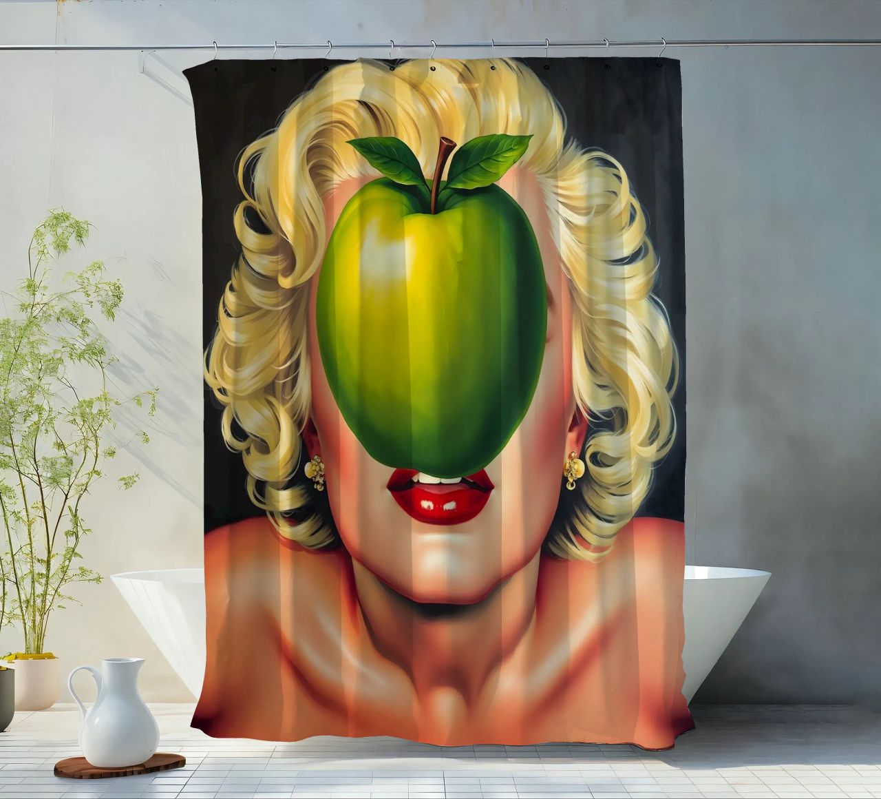 Das Geheimnis des Apfels: Eine Hommage an René Magritte Duschvorhang von Studio Mooodz