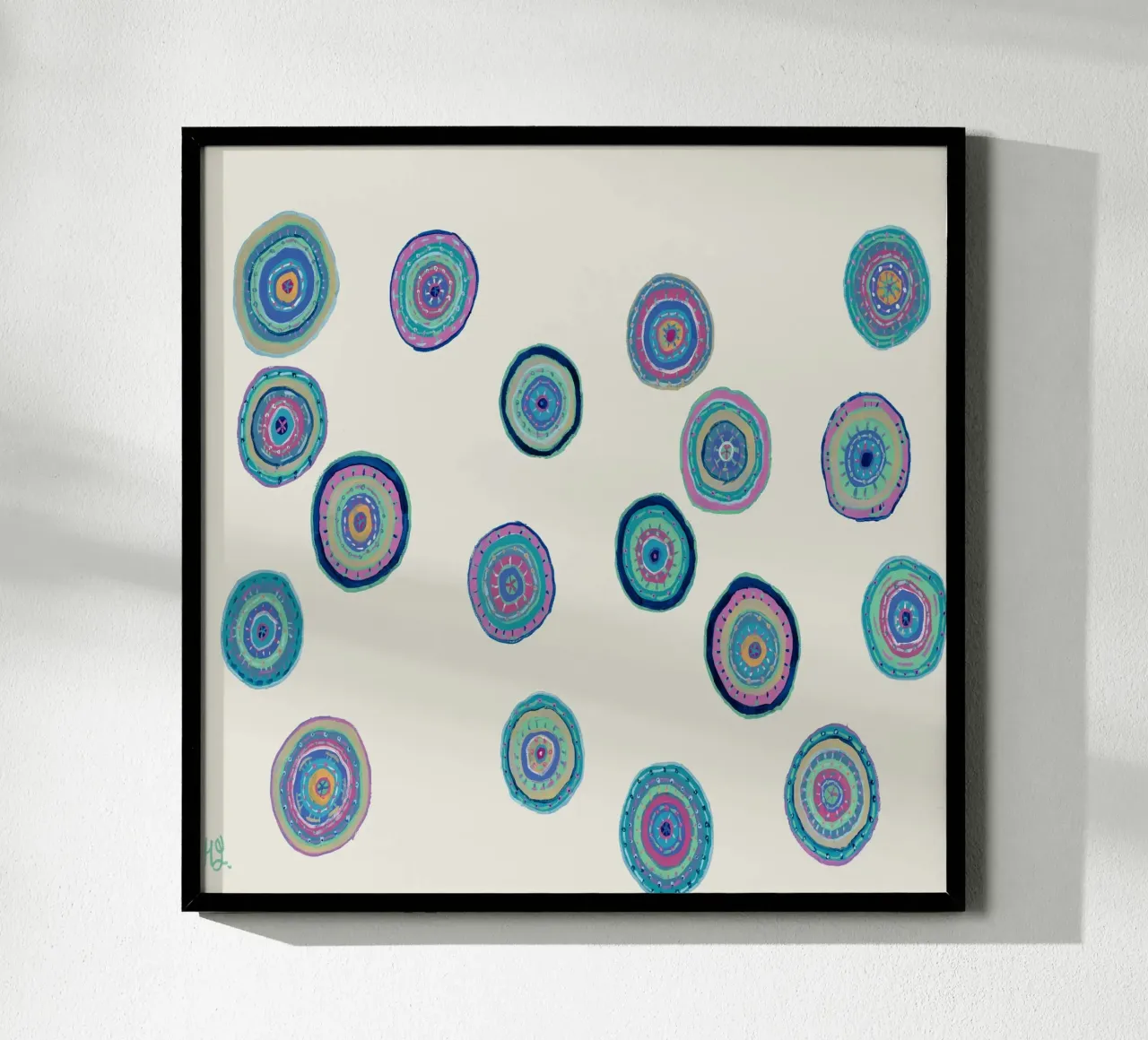 Dancing Orbs-Cream poster with plastic frame by Helen Joynson