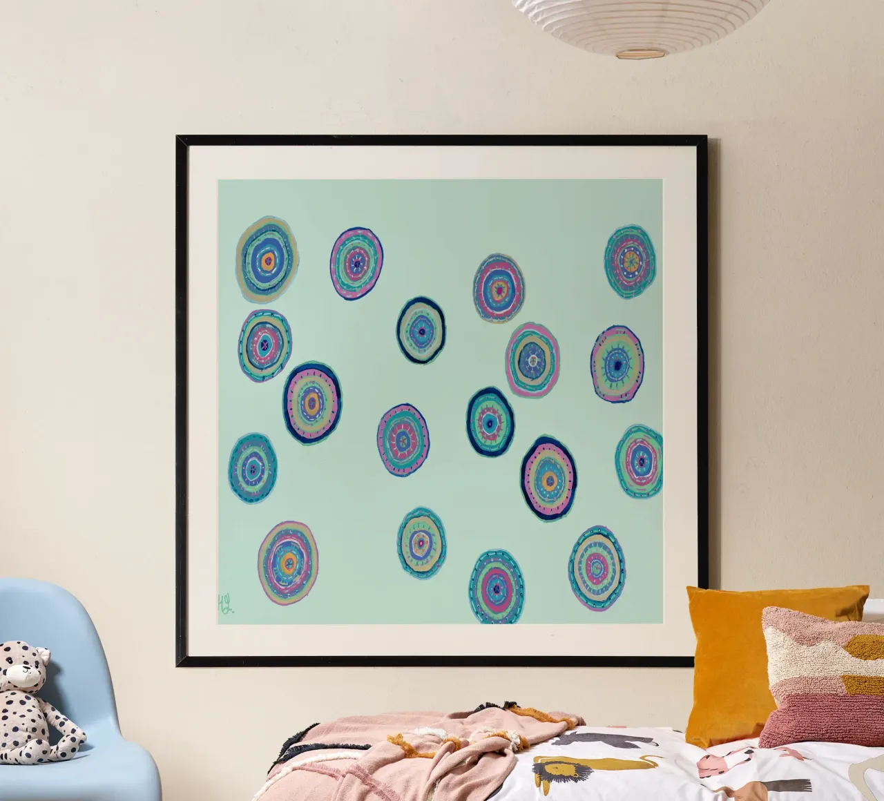 Dancing Orbs-Light Blue poster with wooden frame by Helen Joynson