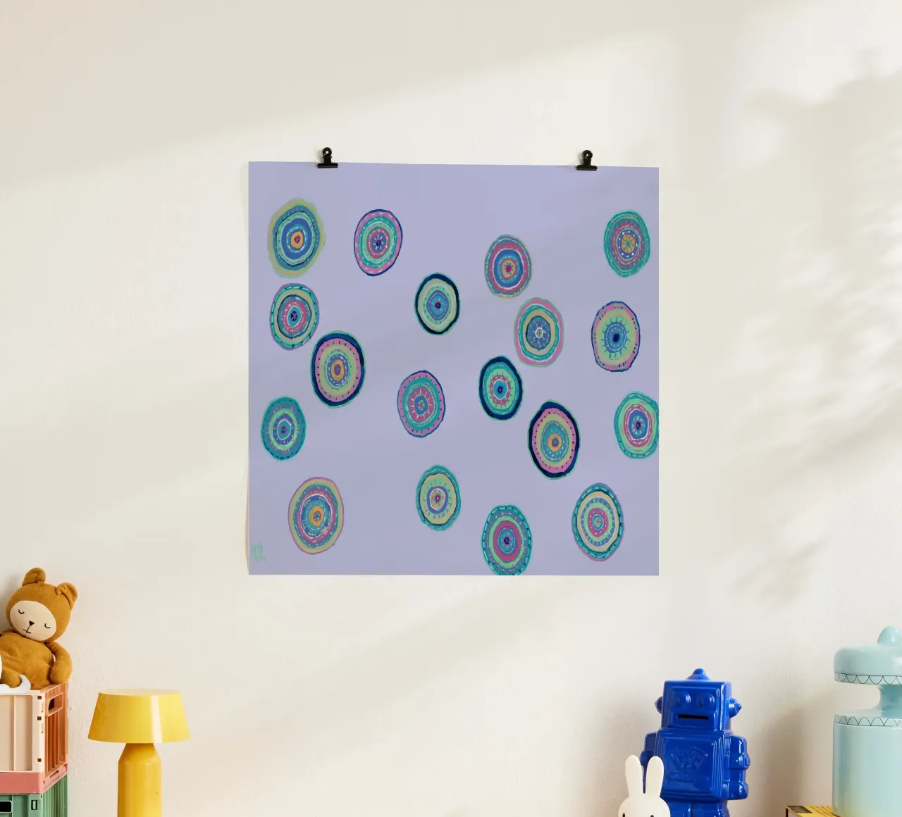 Dancing Orbs-Purple poster with plastic frame by Helen Joynson