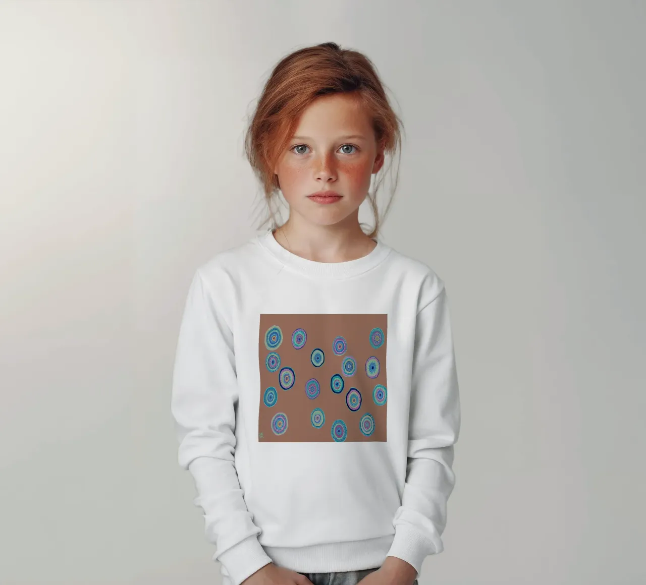Dancing Orbs-Mocha Mousse kids sweatshirt by Helen Joynson