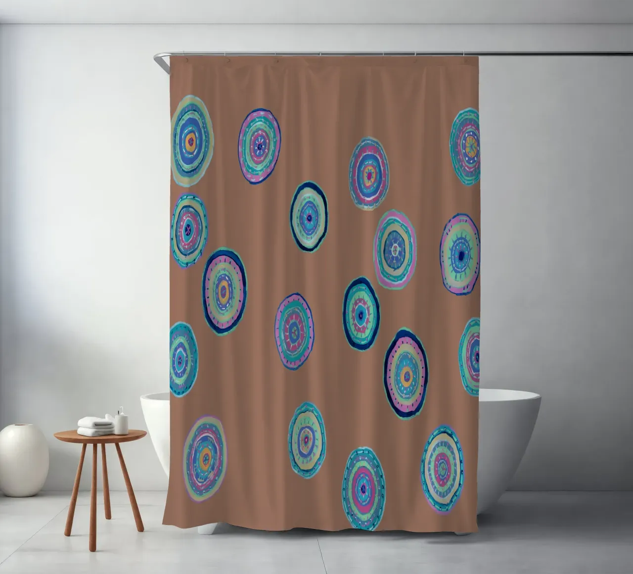 Dancing Orbs-Mocha Mousse shower curtain by Helen Joynson