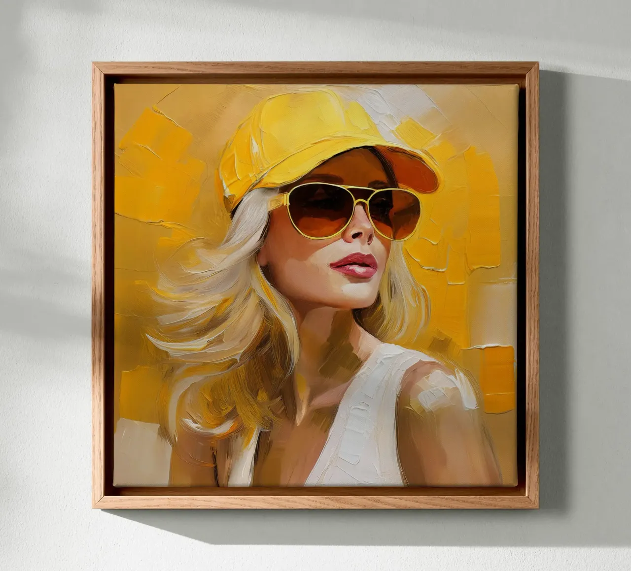 Donna con cappello da baseball giallo tela con Cornice a cassetta da Take Your Art BV