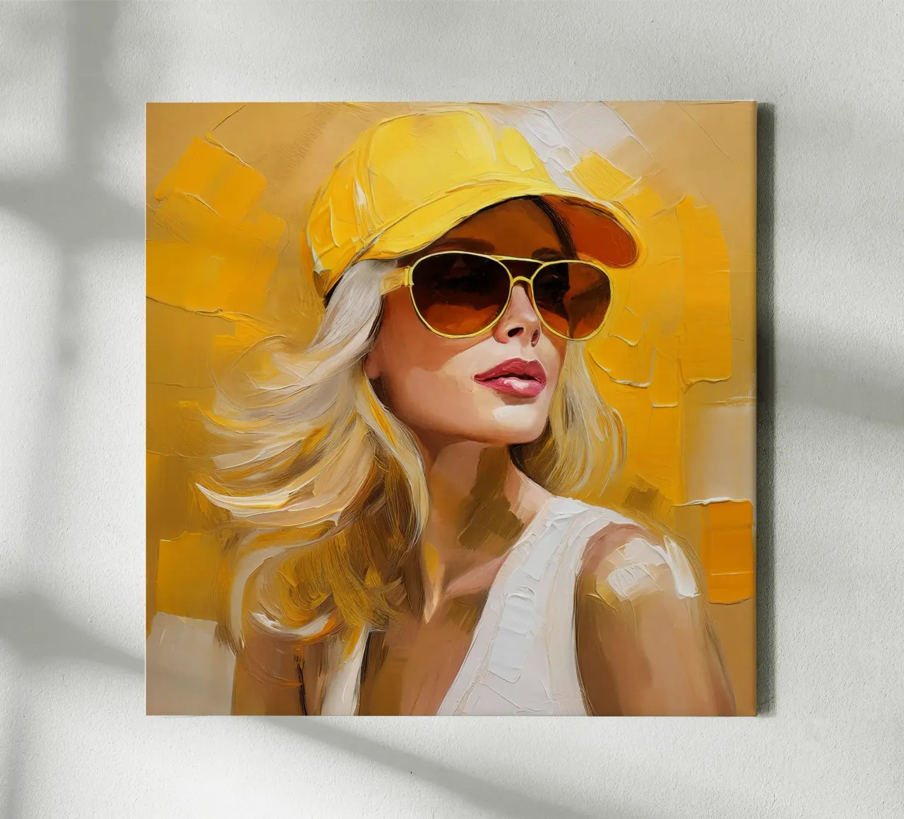 Donna con cappello da baseball giallo tela con Cornice a cassetta da Take Your Art BV
