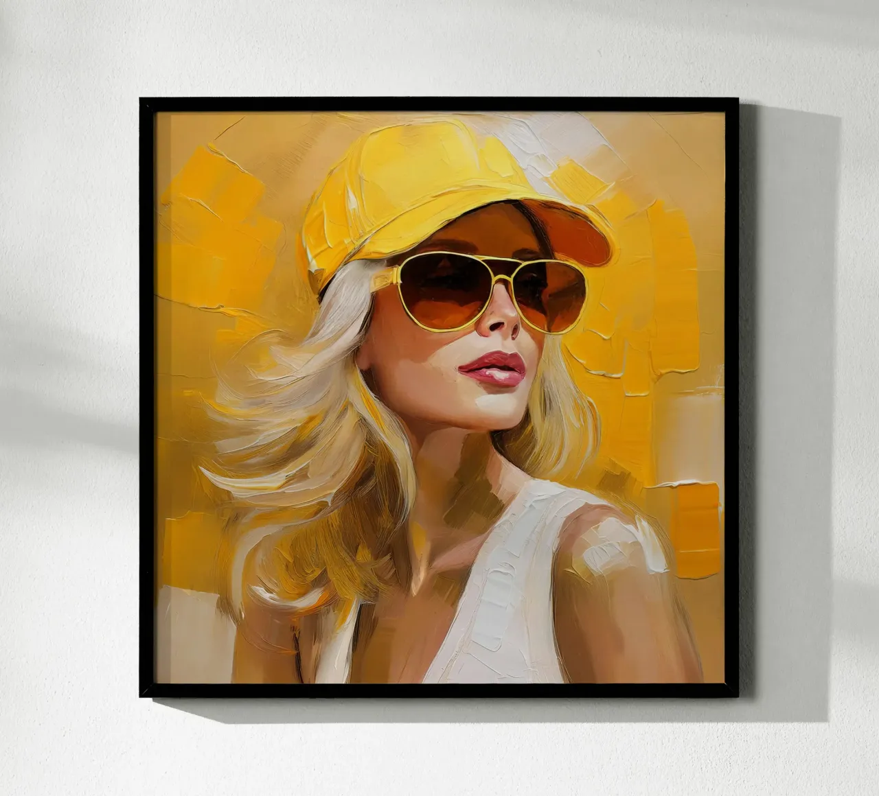 Woman with baseball cap yellow poster by Take Your Art BV
