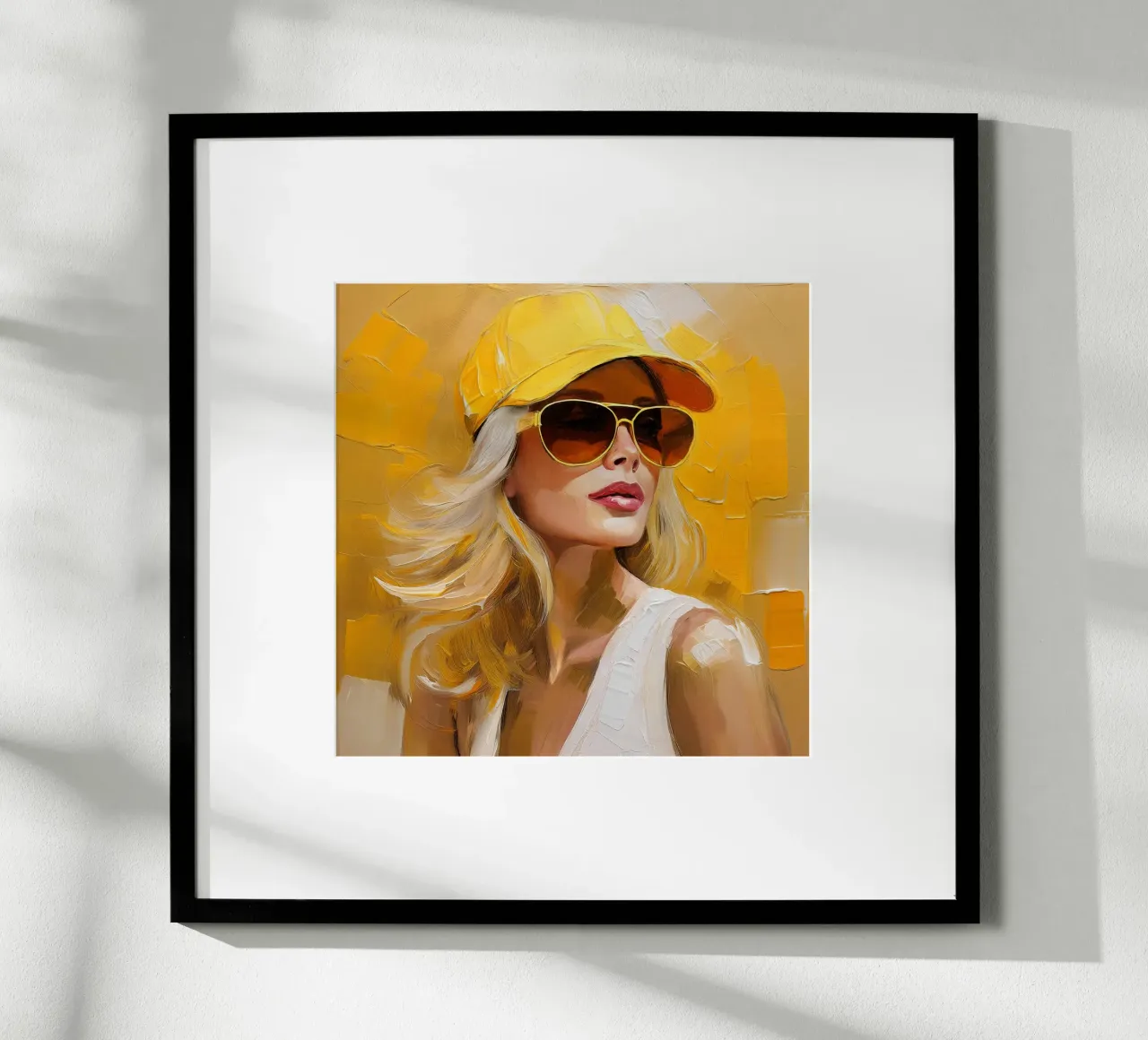 Woman with baseball cap yellow poster by Take Your Art BV