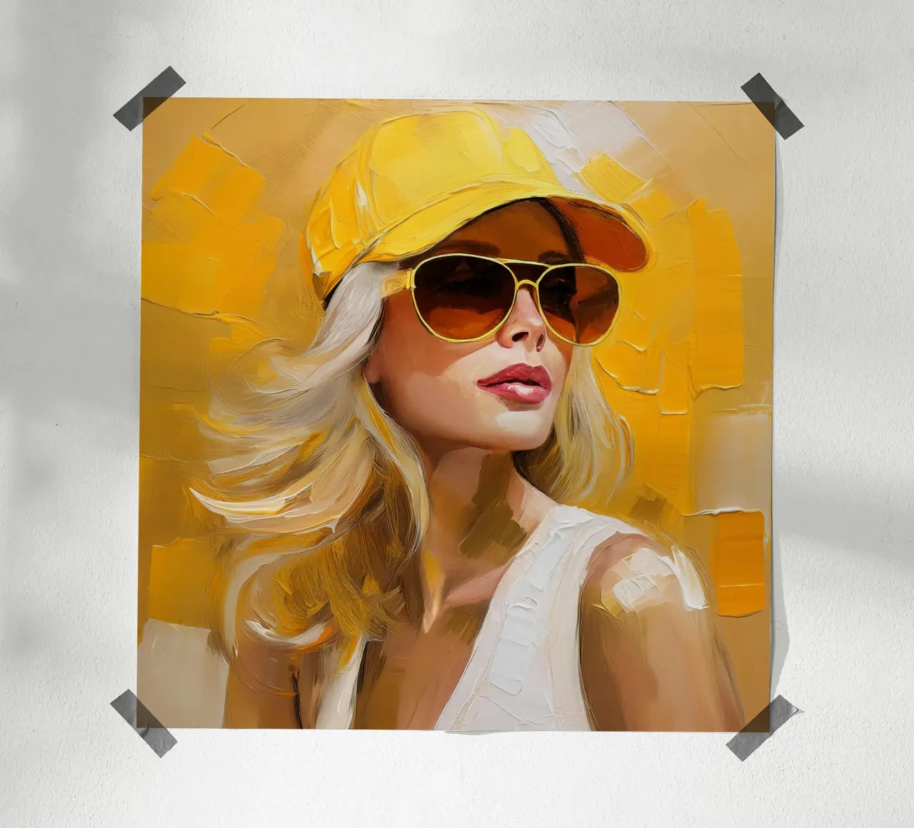 Woman with baseball cap yellow poster by Take Your Art BV