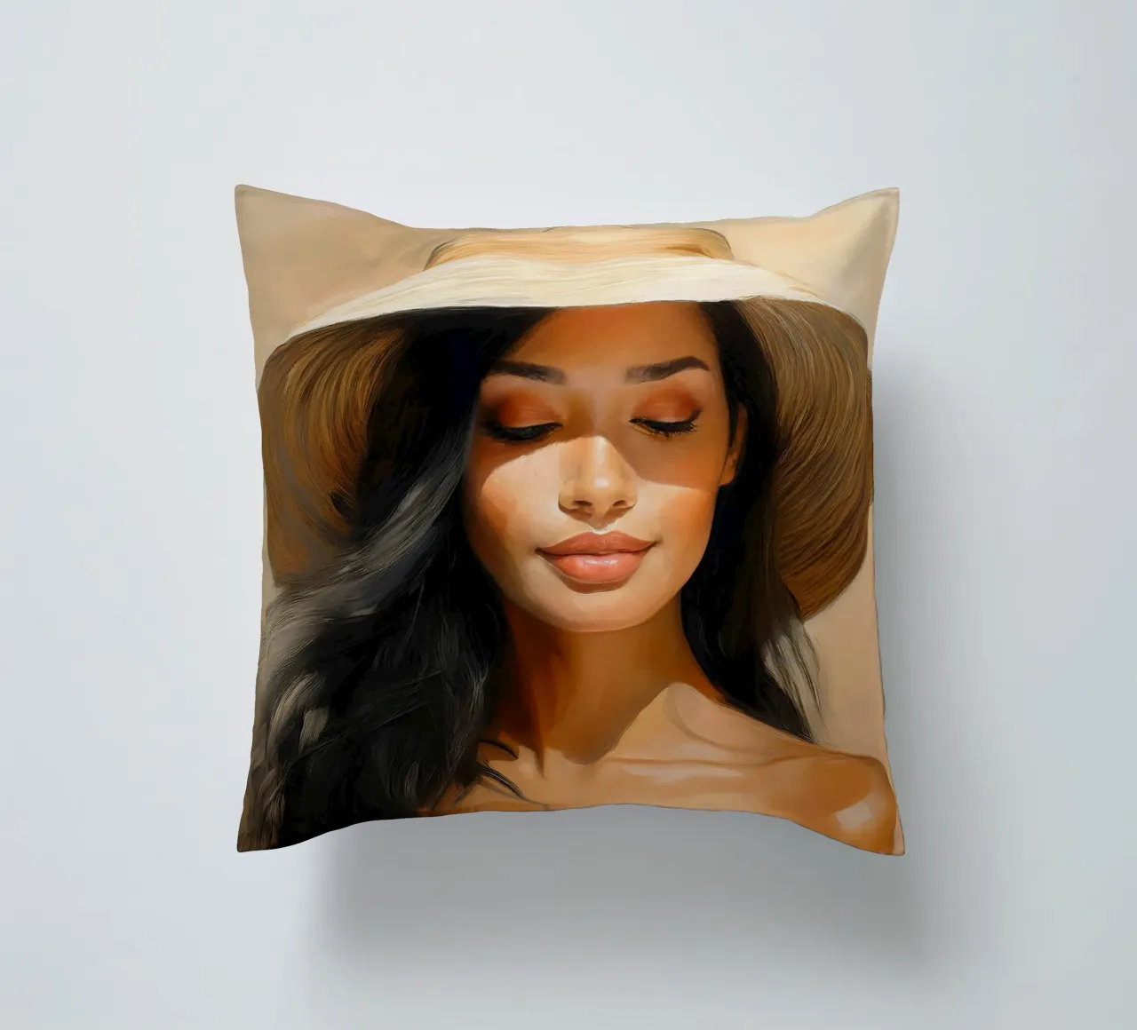 Donna con cappello di paglia colori naturali cuscino da Take Your Art BV