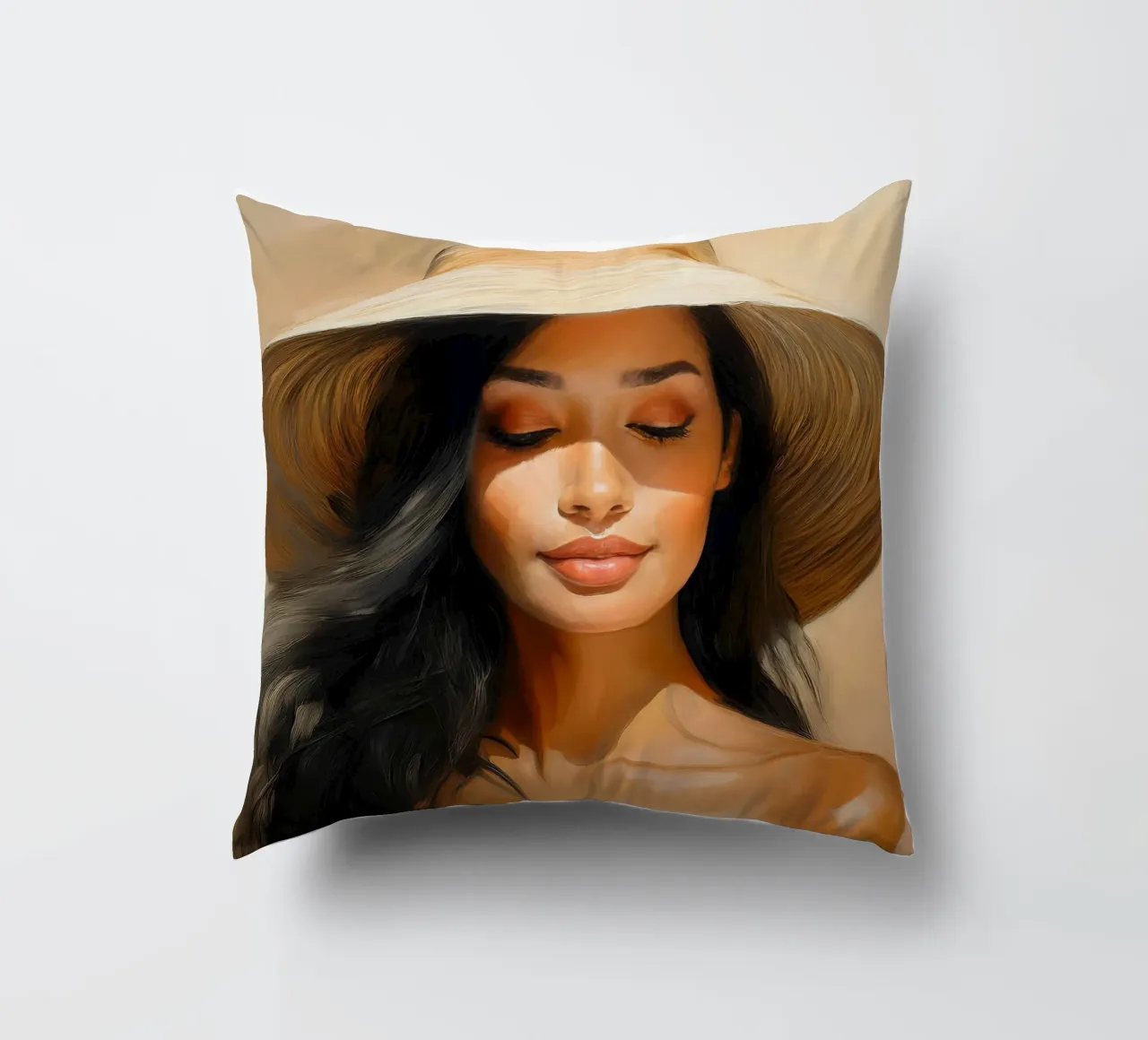 Donna con cappello di paglia colori naturali cuscino da Take Your Art BV