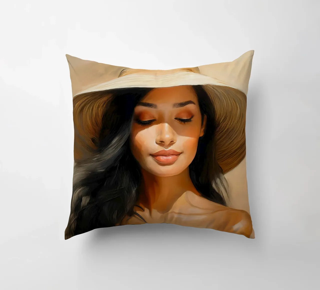 Donna con cappello di paglia colori naturali cuscino da Take Your Art BV