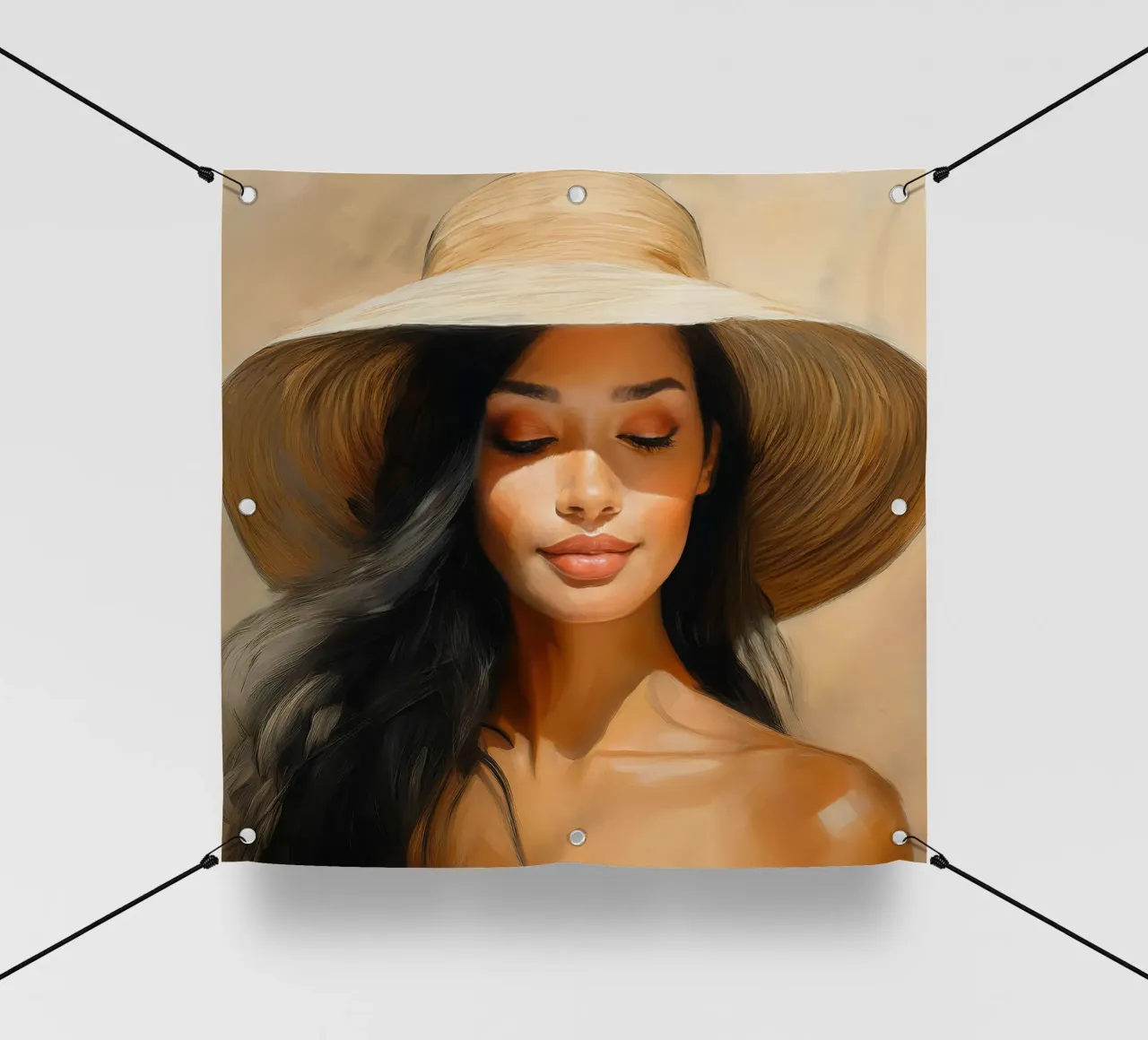 Donna con cappello di paglia colori naturali telo in pvc da Take Your Art BV