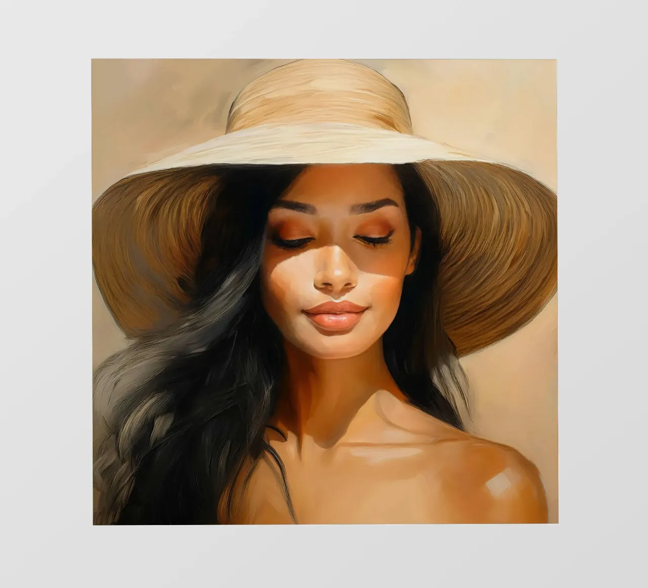 Donna con cappello di paglia colori naturali telo in pvc da Take Your Art BV