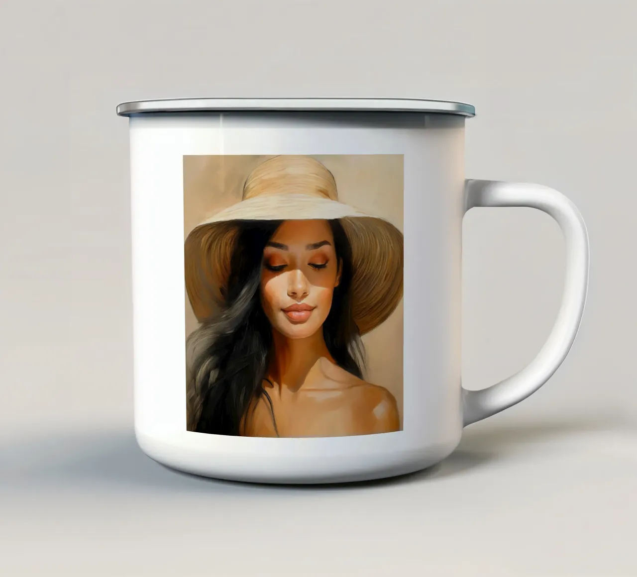 Donna con cappello di paglia colori naturali tazza in smalto da Take Your Art BV