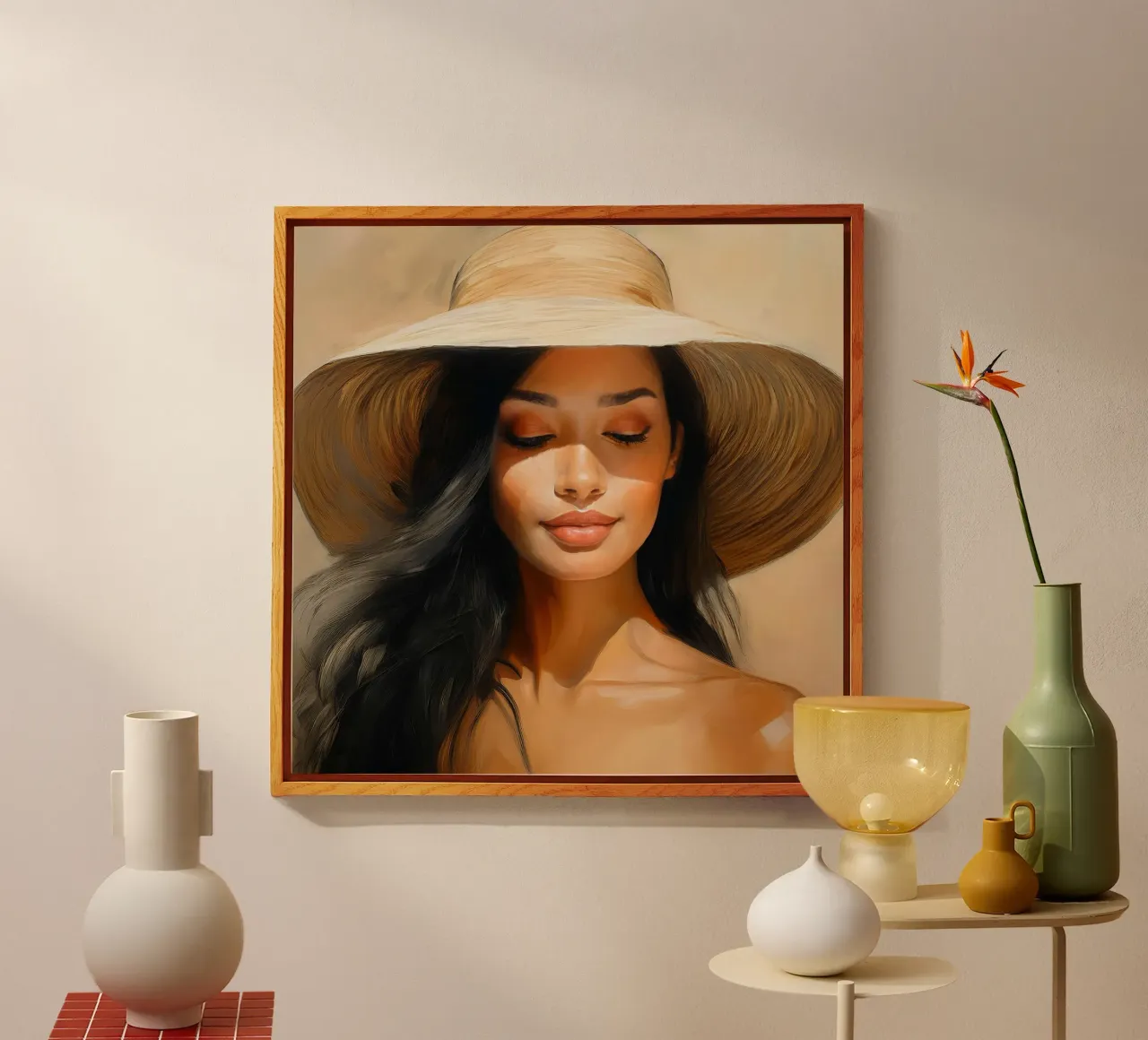 Donna con cappello di paglia colori naturali plexiglass da Take Your Art BV