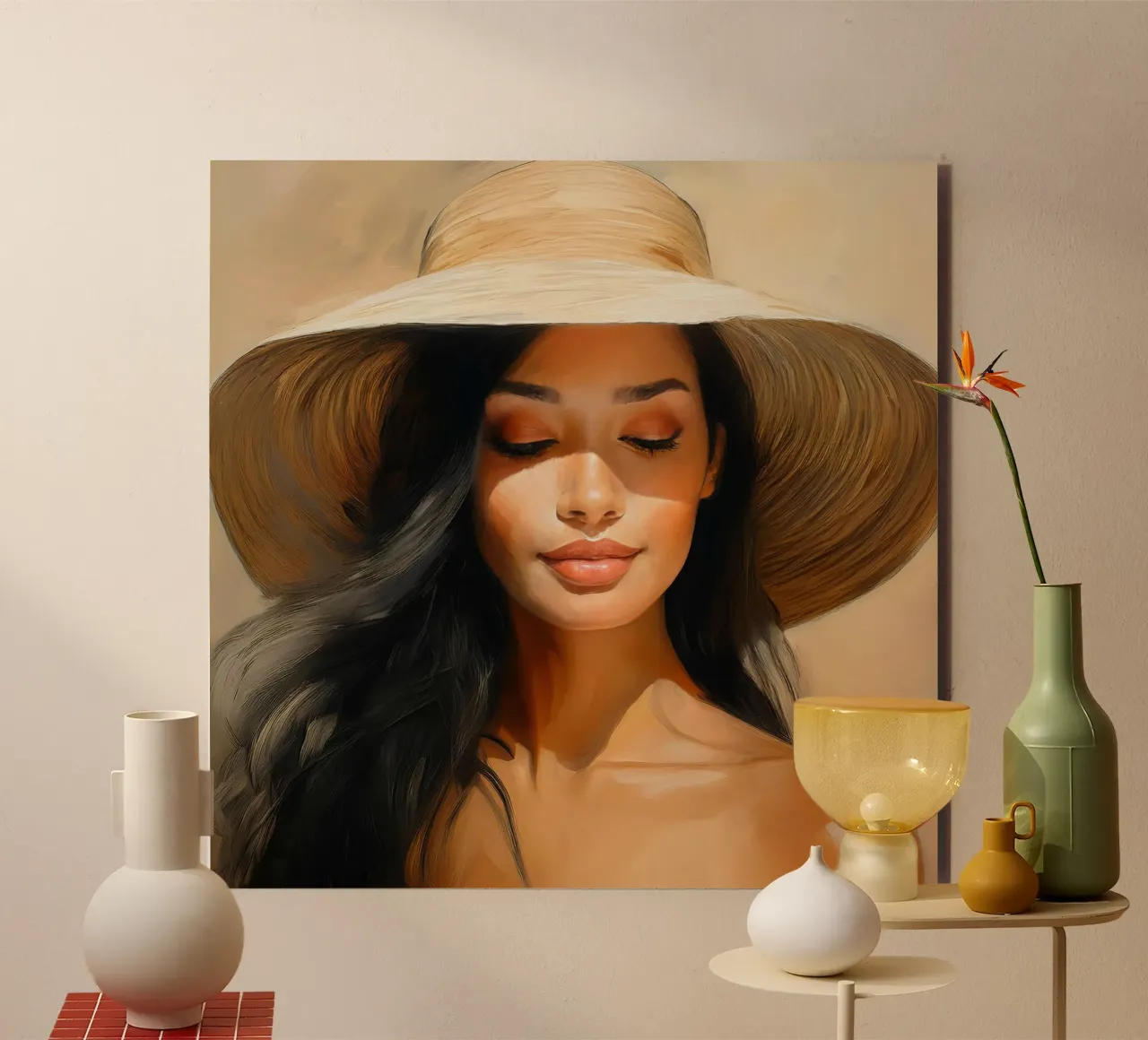 Donna con cappello di paglia colori naturali alluminio dibond da Take Your Art BV