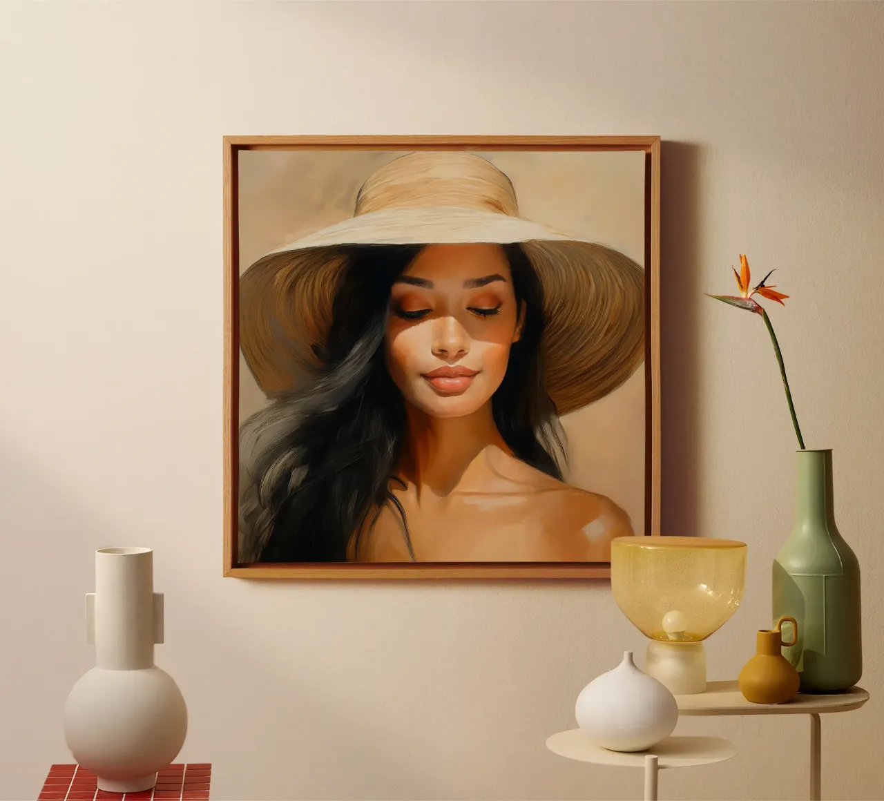 Donna con cappello di paglia colori naturali tela con Cornice a cassetta da Take Your Art BV