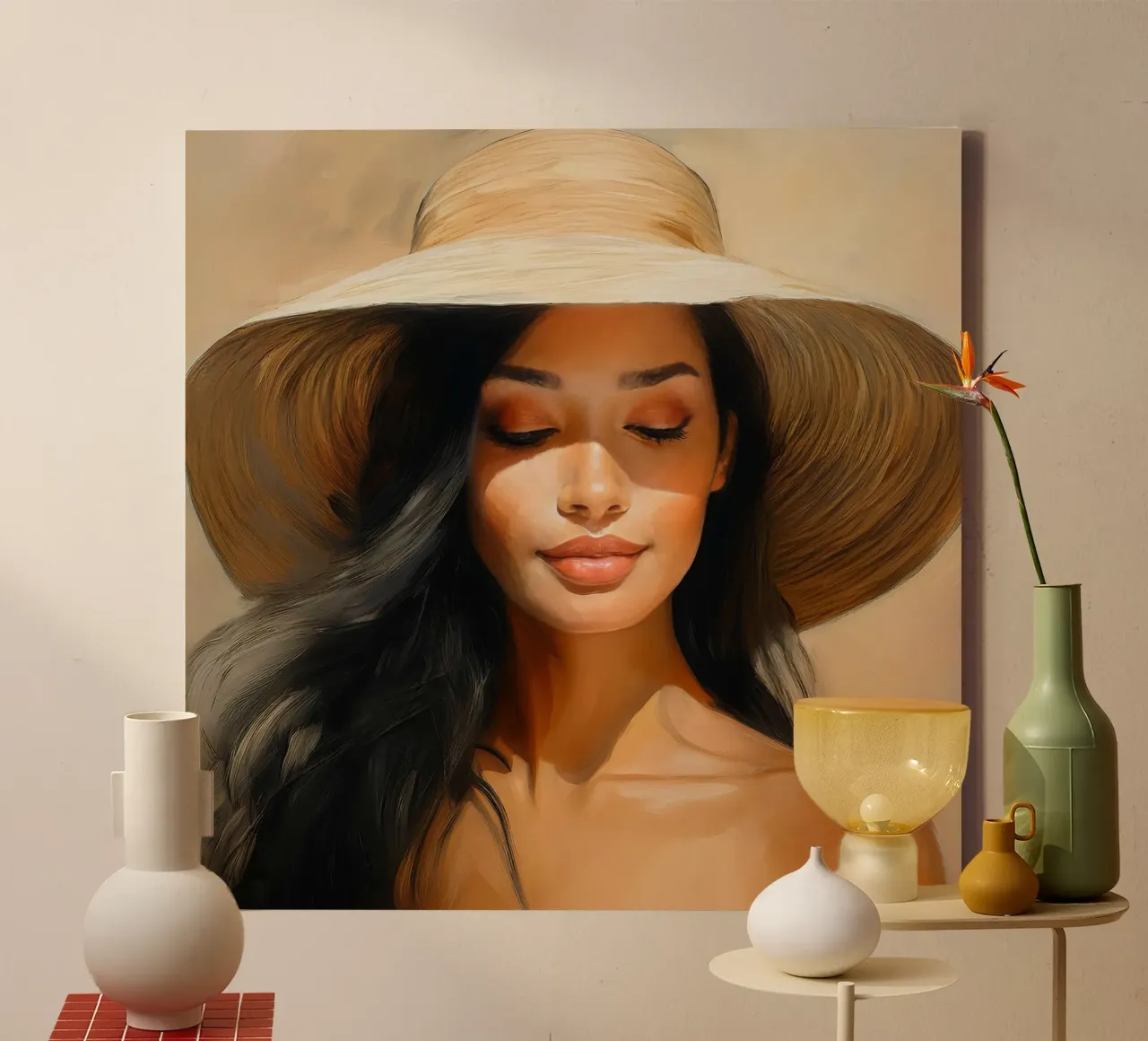 Donna con cappello di paglia colori naturali tela con Cornice a cassetta da Take Your Art BV