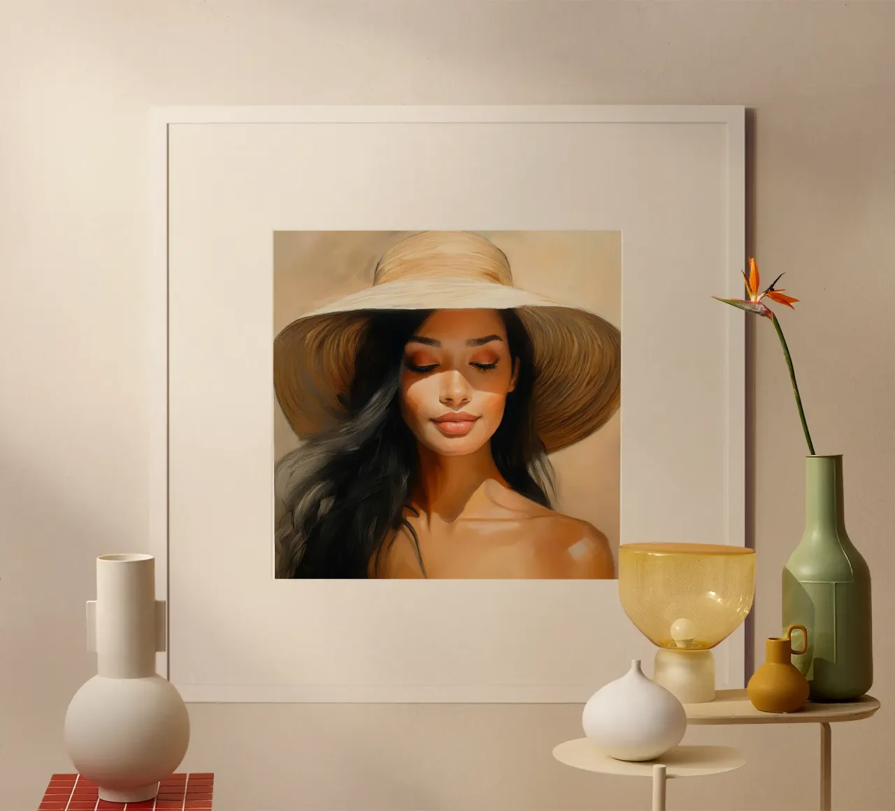 Woman with straw hat natural colors poster with wooden frame by Take Your Art BV