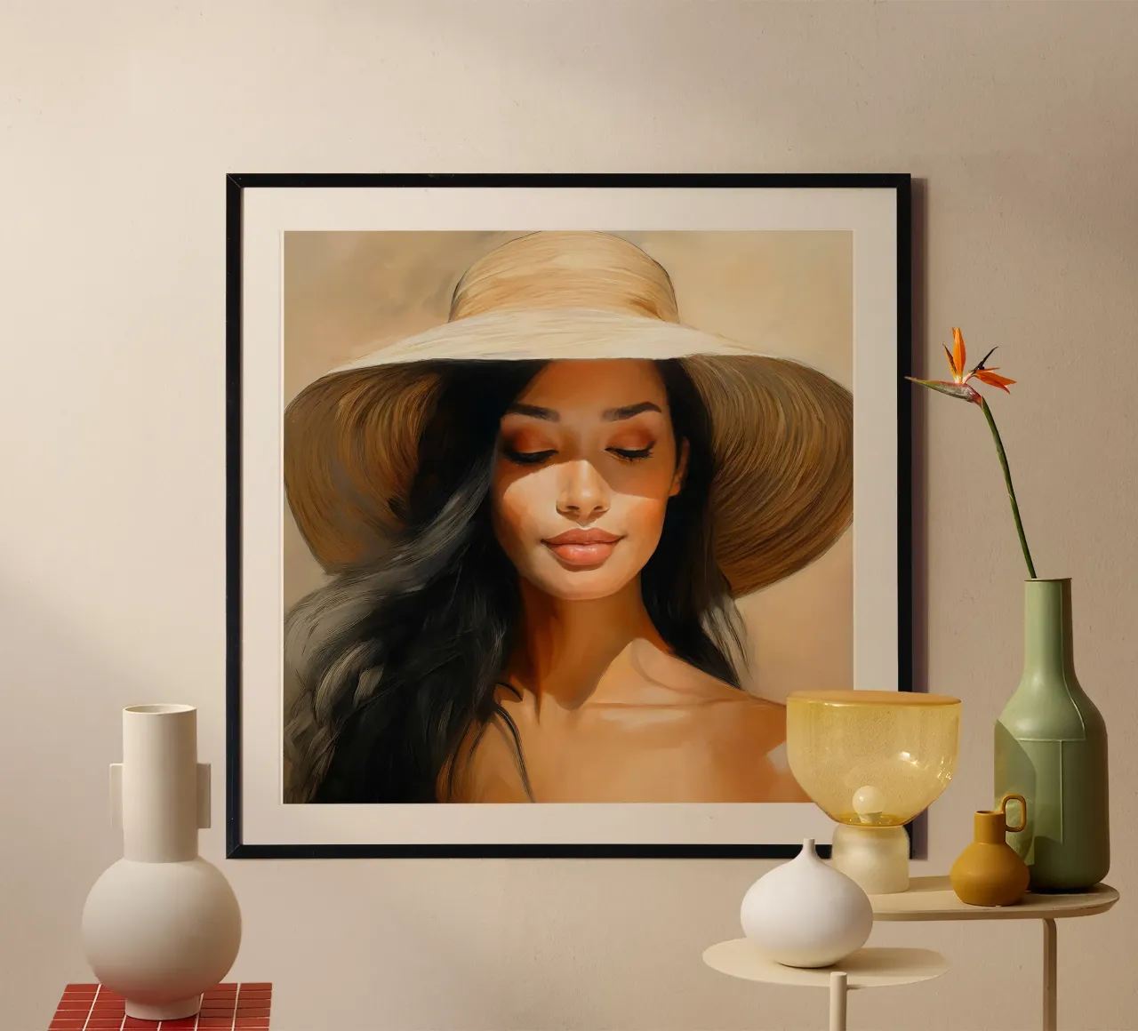Woman with straw hat natural colors poster with wooden frame by Take Your Art BV