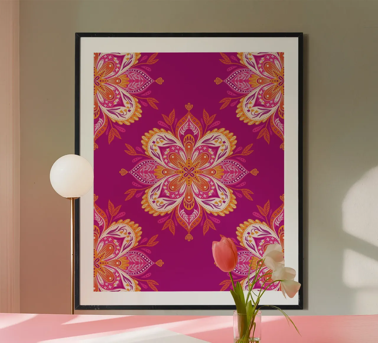 pink Mandala poster con telaio in alluminio da nicigabrieldesigns
