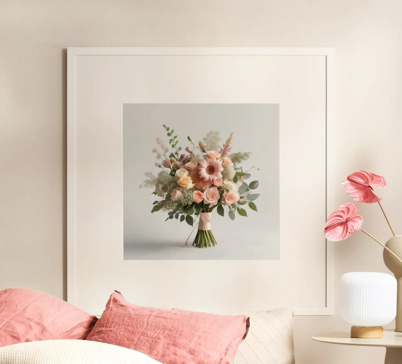Elegante bouquet floreale con fiori pastello e verde poster con telaio in legno da DesignDoodle