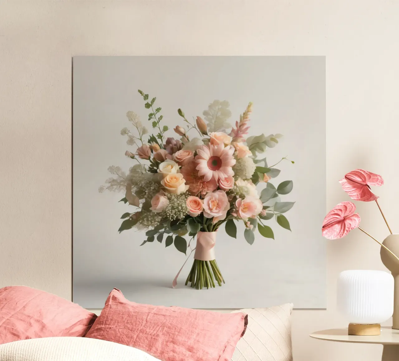 Elegante bouquet floreale con fiori pastello e verde poster con telaio in legno da DesignDoodle