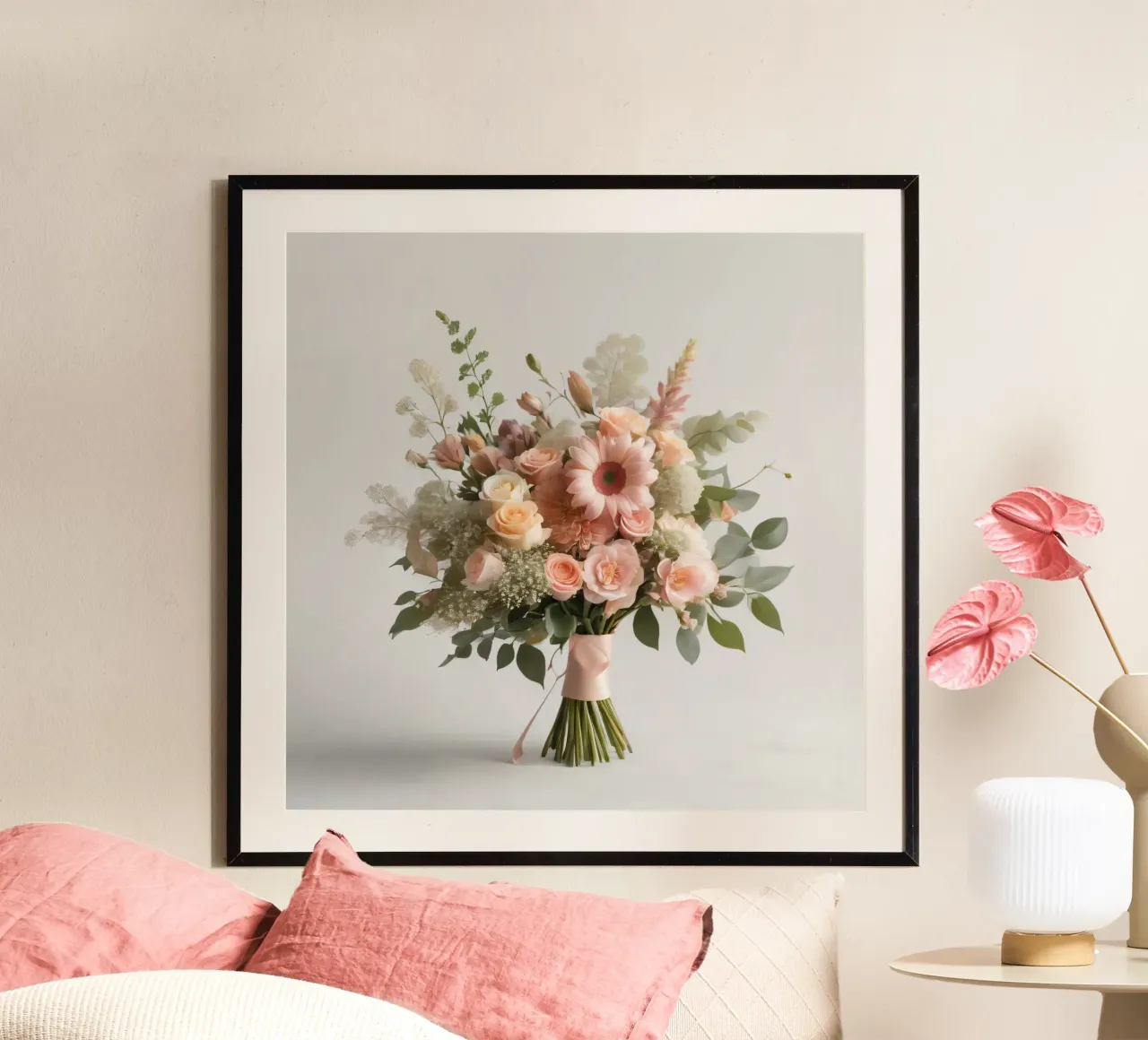 Elegante bouquet floreale con fiori pastello e verde poster con telaio in legno da DesignDoodle