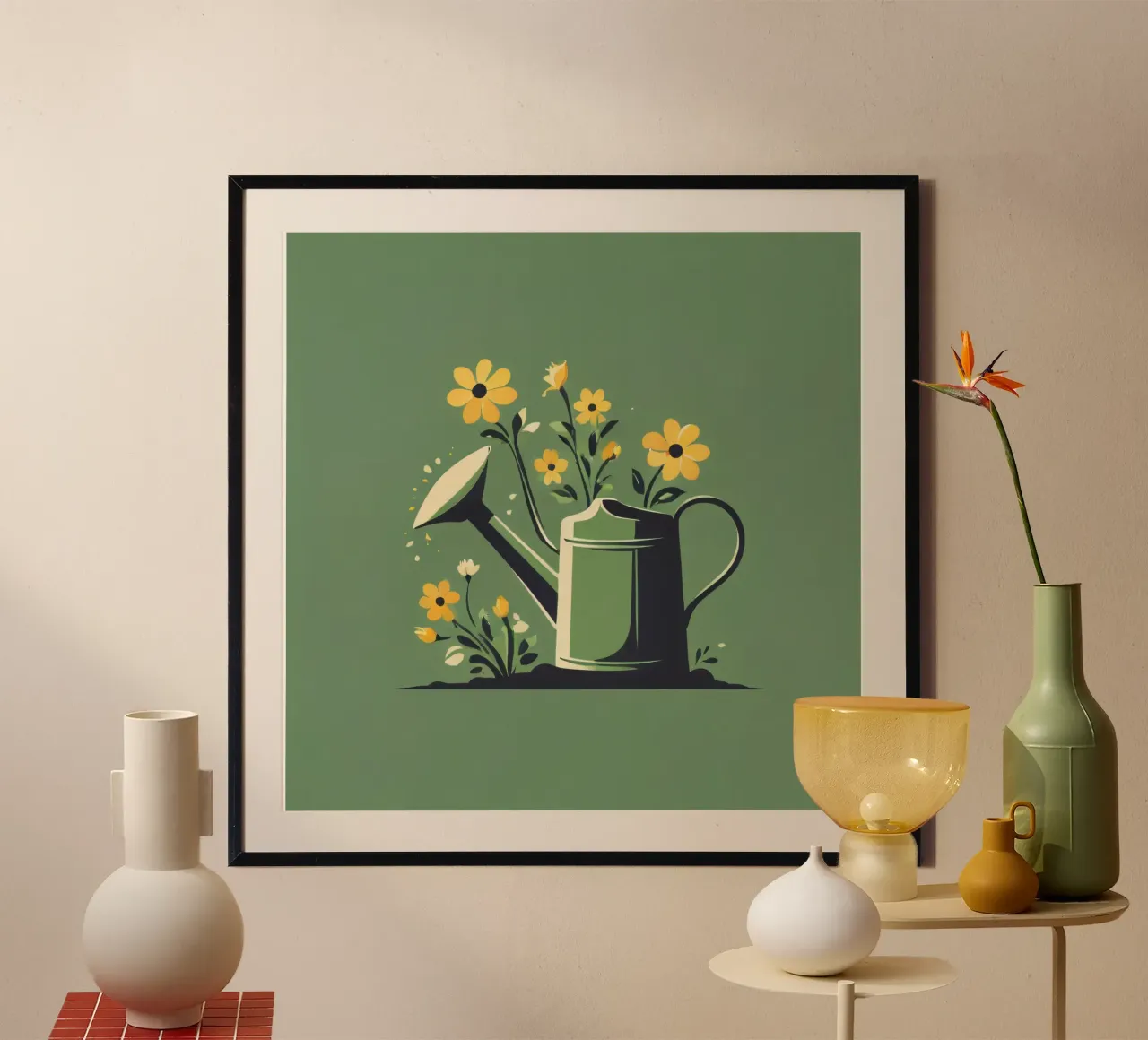 Annaffiatoio circondato da fiori vivaci poster con telaio in legno da DesignDoodle
