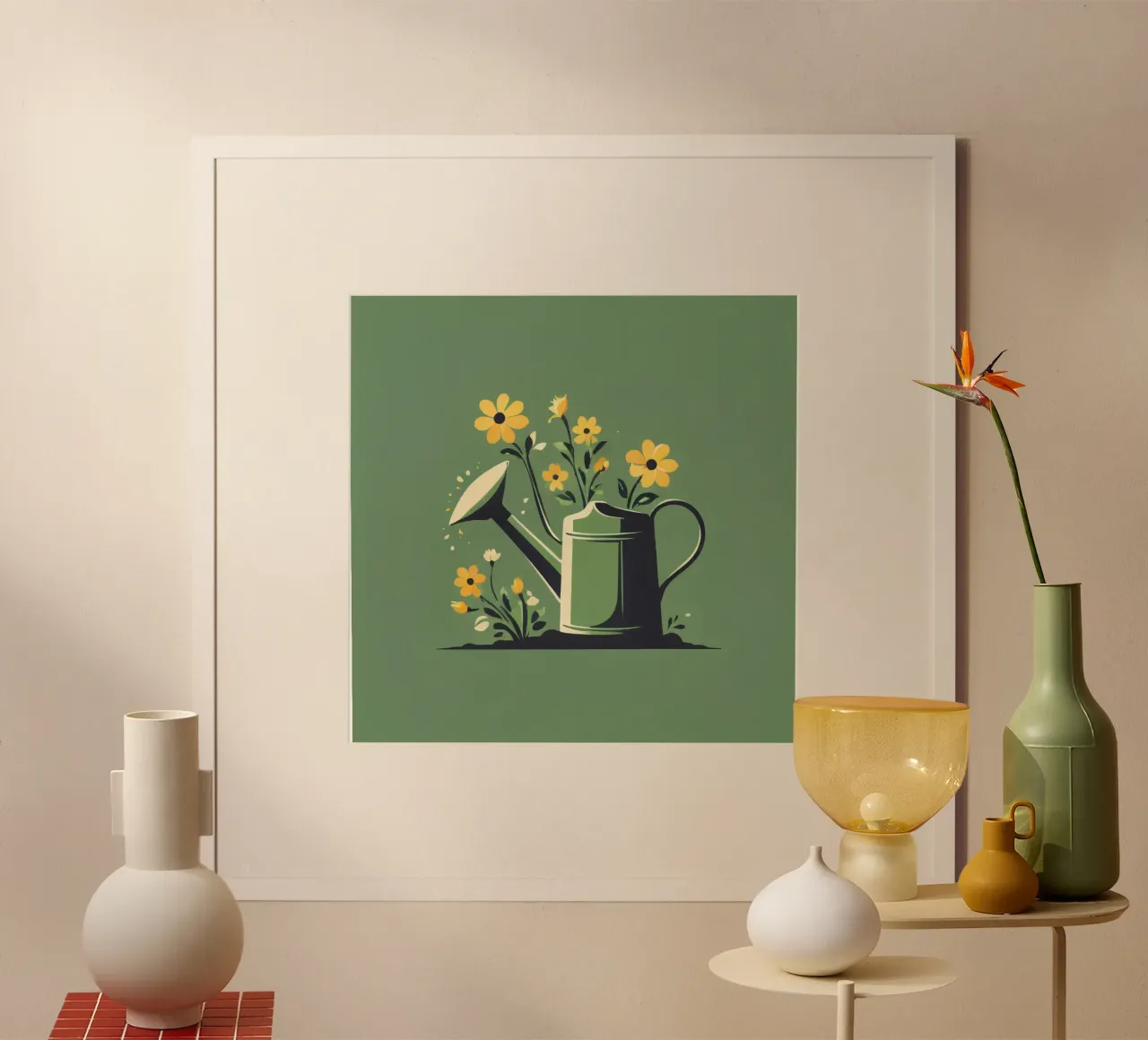 Annaffiatoio circondato da fiori vivaci poster con telaio in legno da DesignDoodle