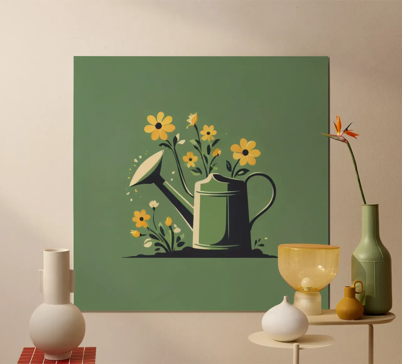 Annaffiatoio circondato da fiori vivaci poster con telaio in legno da DesignDoodle