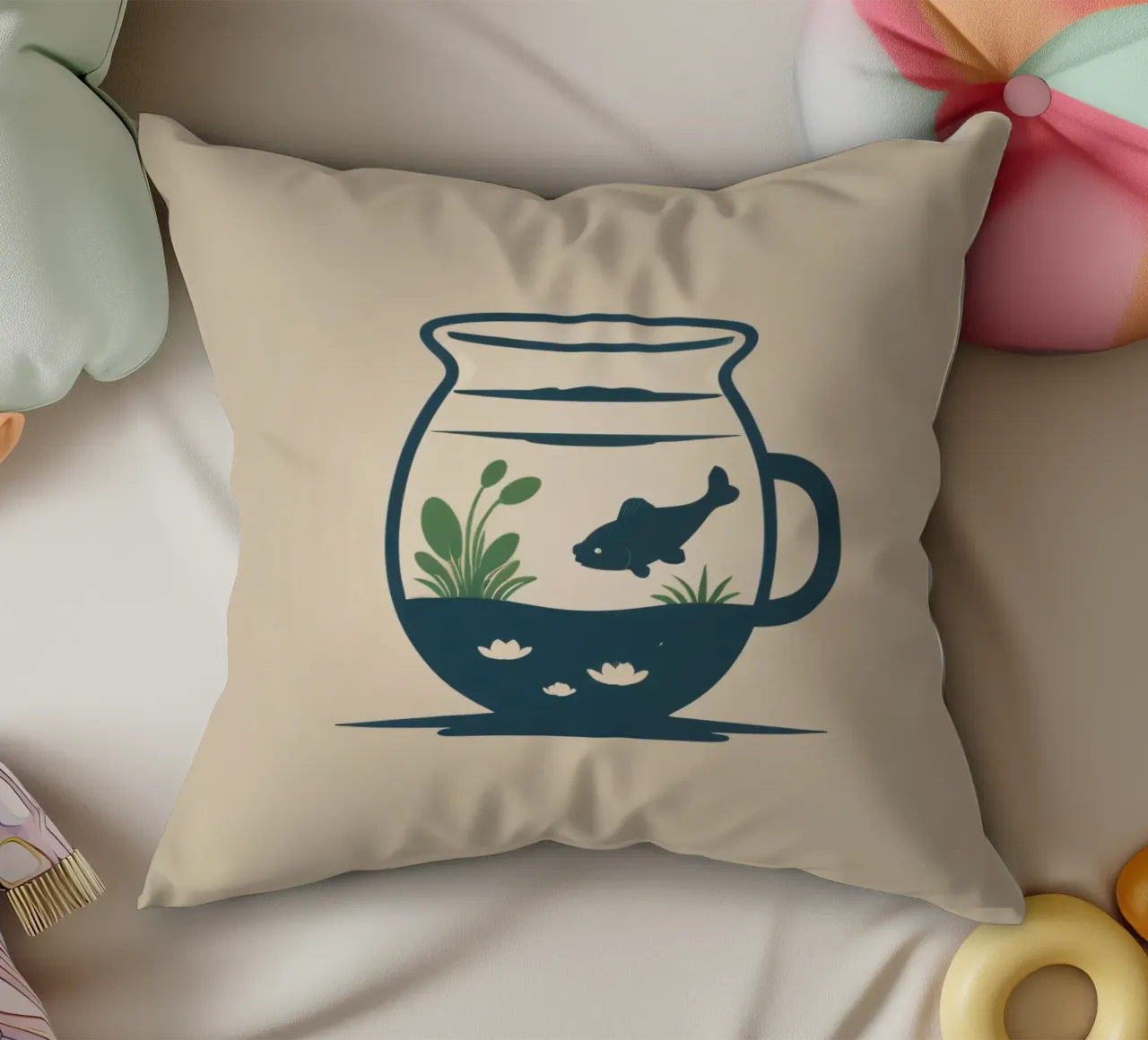una vasca per pesci con piante acquatiche e un pesce che nuota cuscino da DesignDoodle