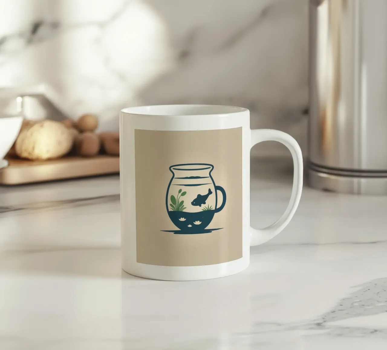 una vasca per pesci con piante acquatiche e un pesce che nuota tazza in ceramica da DesignDoodle
