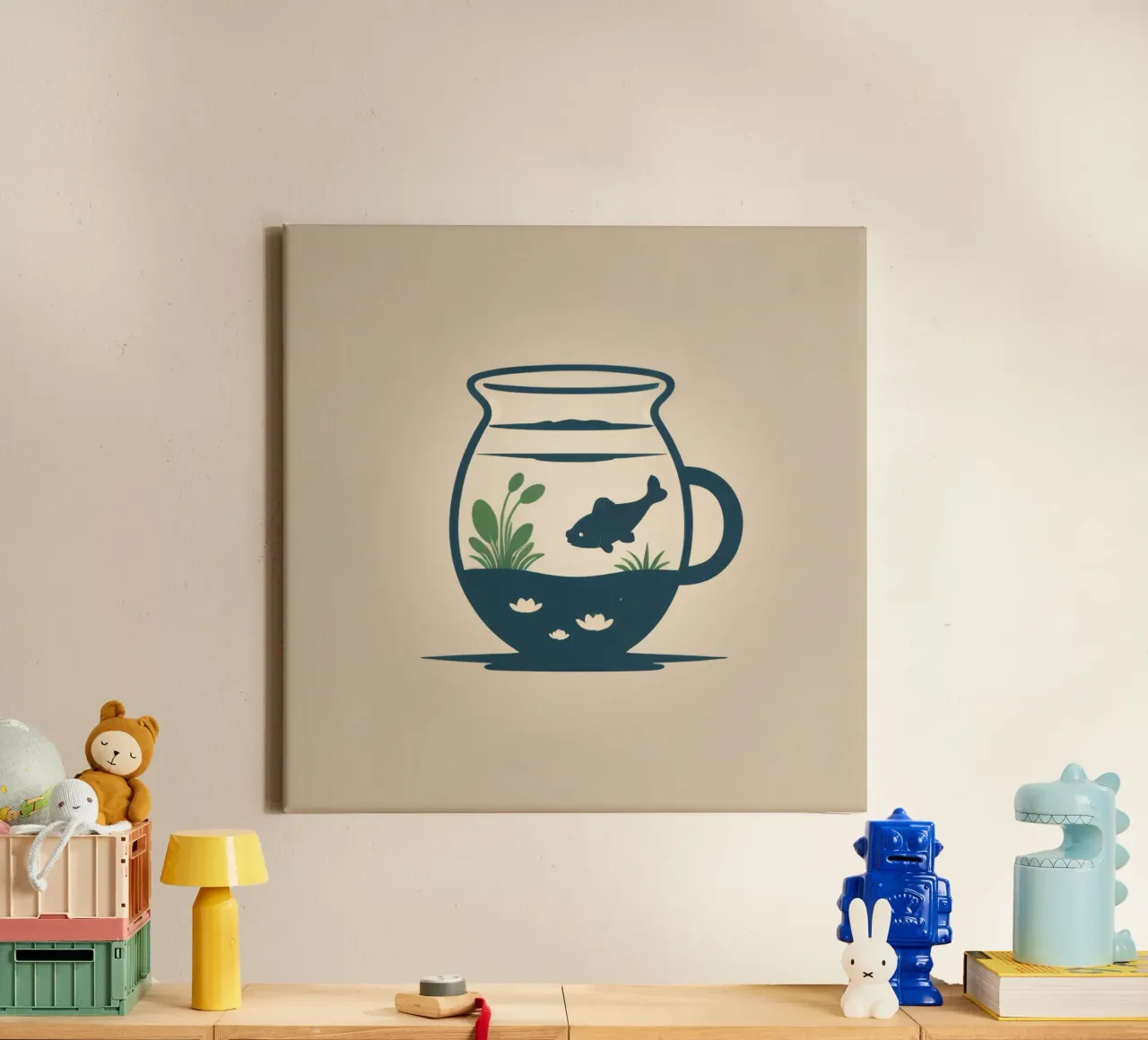 una vasca per pesci con piante acquatiche e un pesce che nuota tela con Cornice a cassetta da DesignDoodle