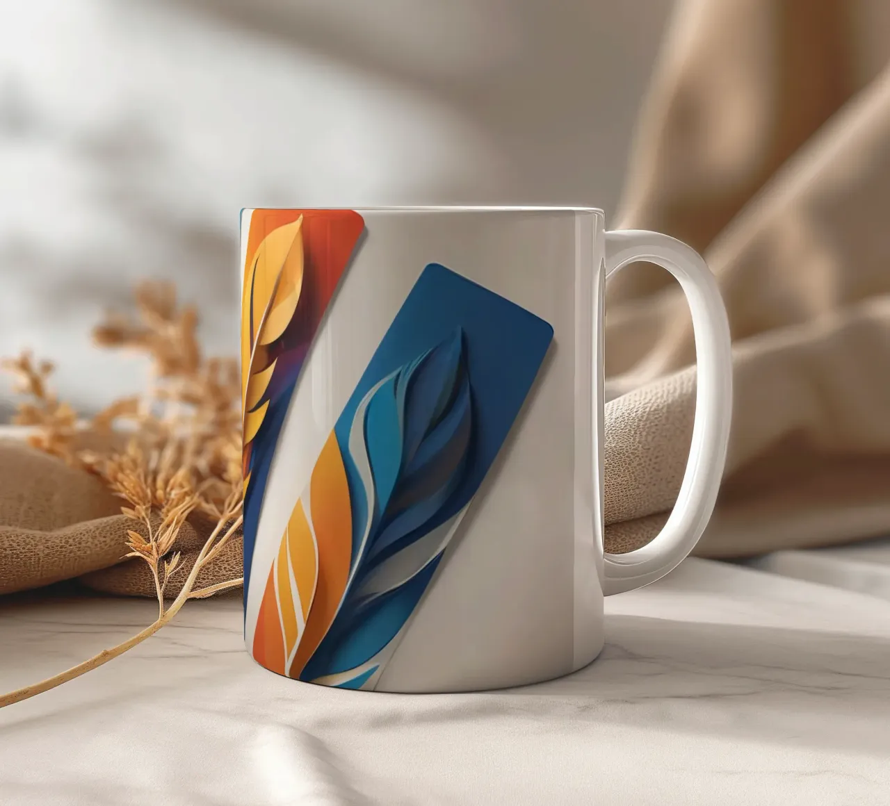 disegno artistico in carta con piume colorate a strati tazza in ceramica da DesignDoodle