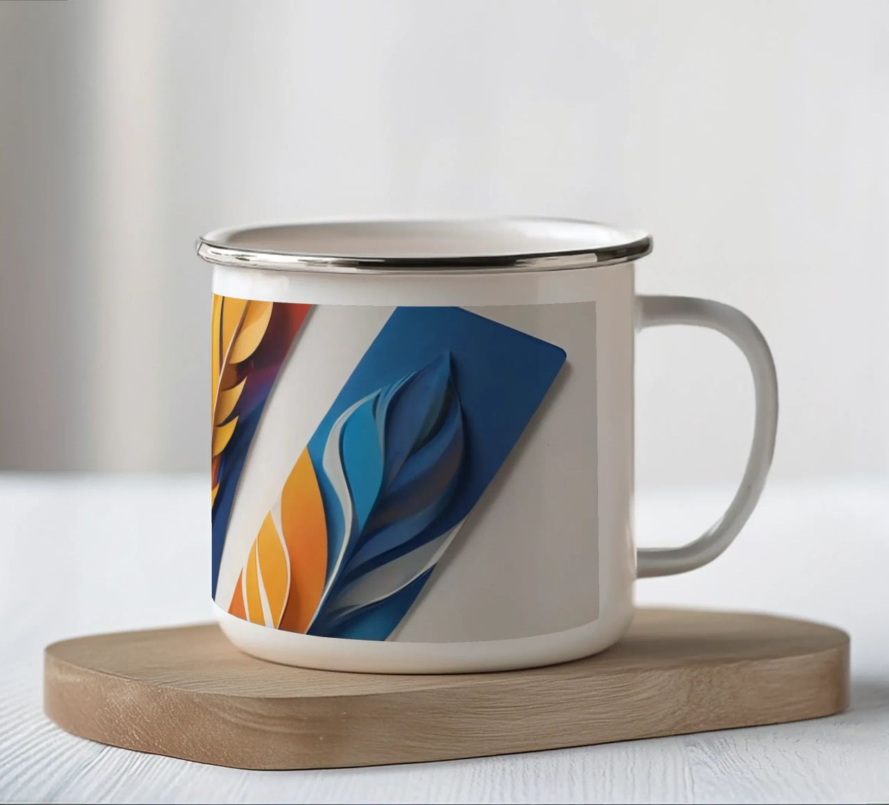disegno artistico in carta con piume colorate a strati tazza in smalto da DesignDoodle