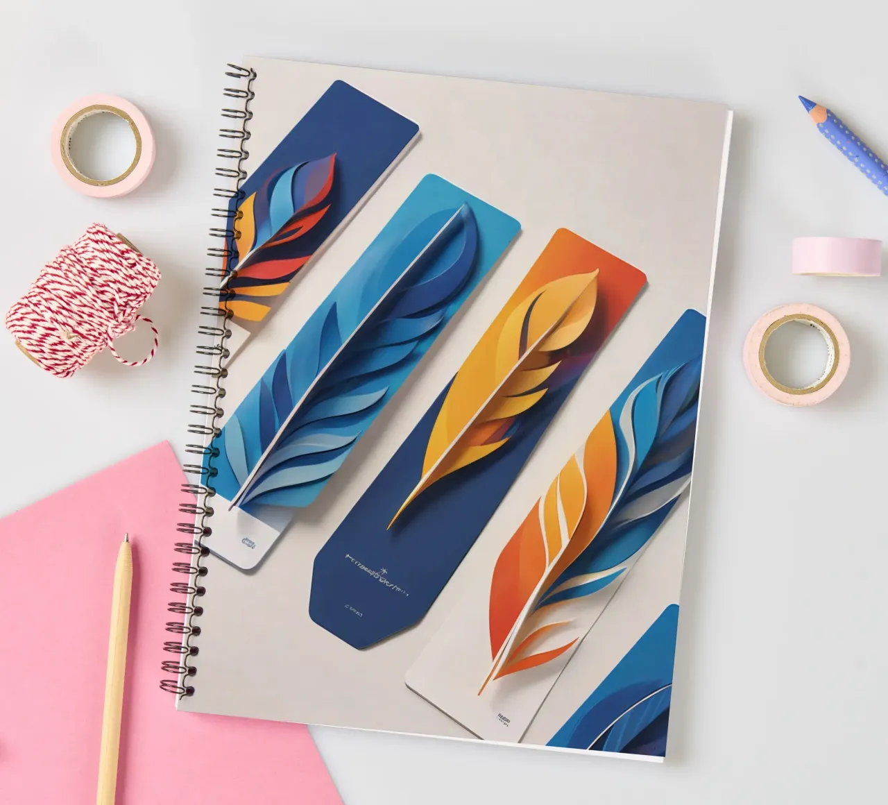 paper art design featuring colorful layered feathers spiral notebook by DesignDoodle