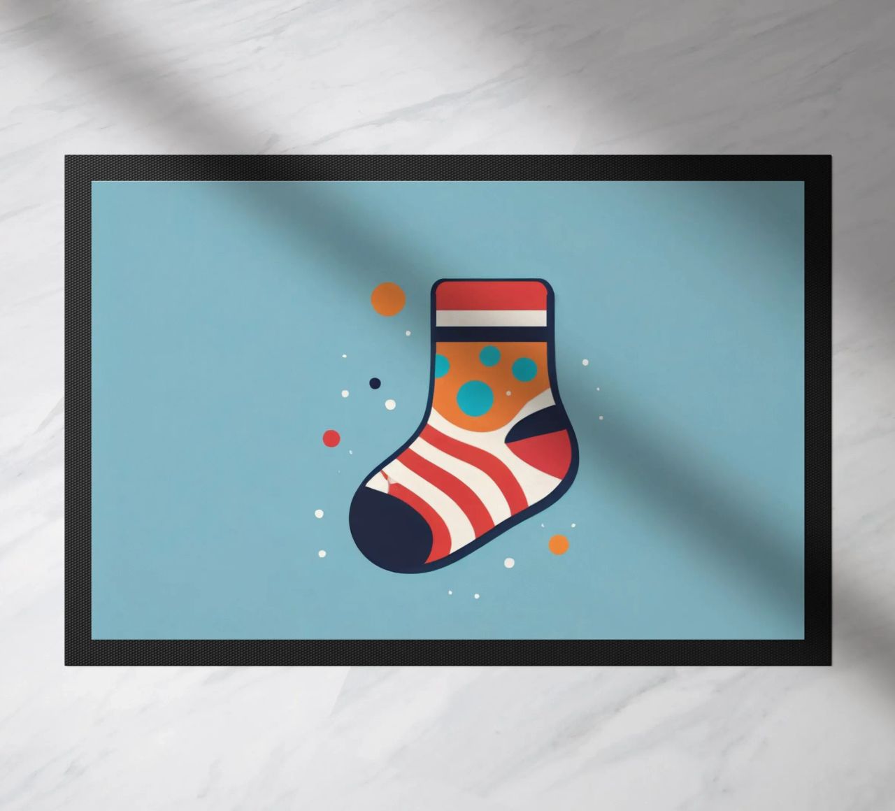 colorful sock with playful patterns on doormat by DesignDoodle