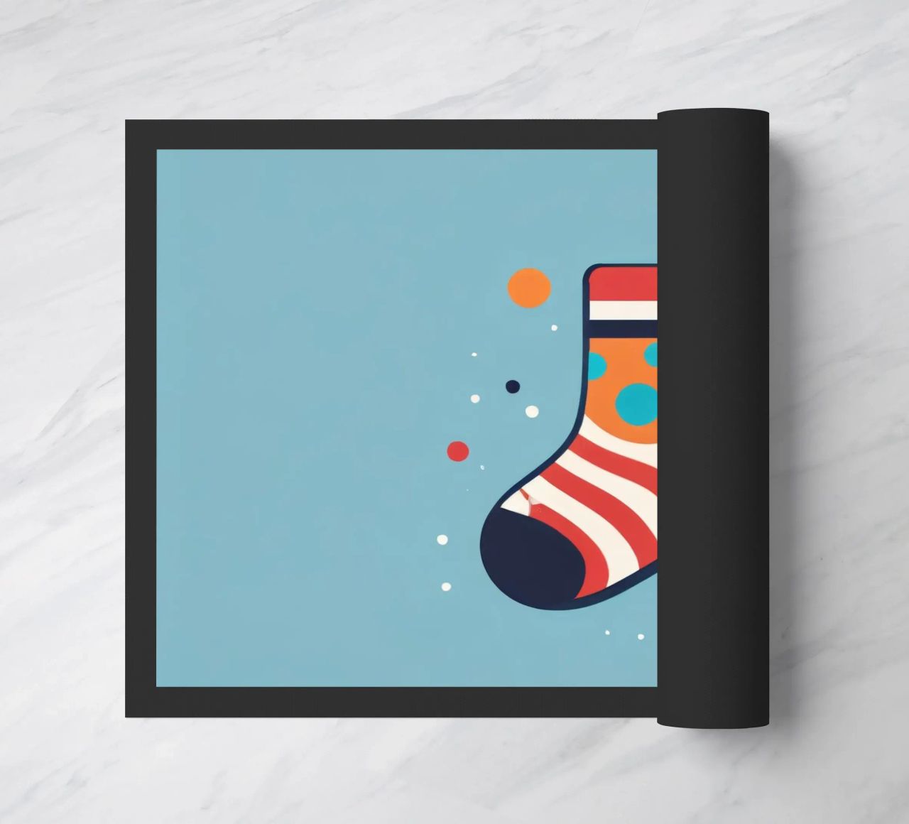 colorful sock with playful patterns on doormat by DesignDoodle