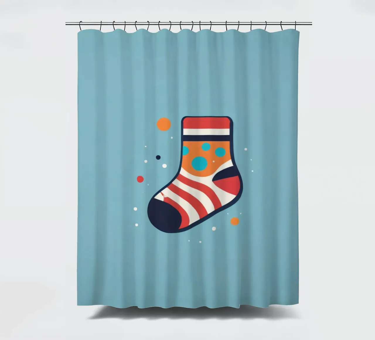 colorful sock with playful patterns on shower curtain by DesignDoodle
