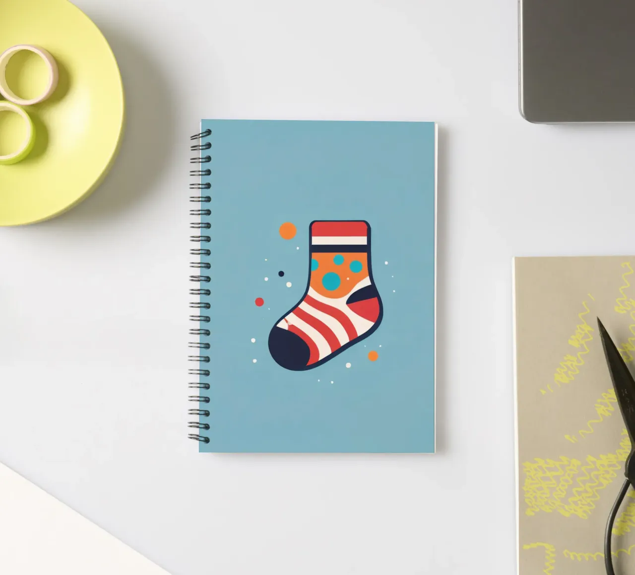 colorful sock with playful patterns spiral notebook by DesignDoodle