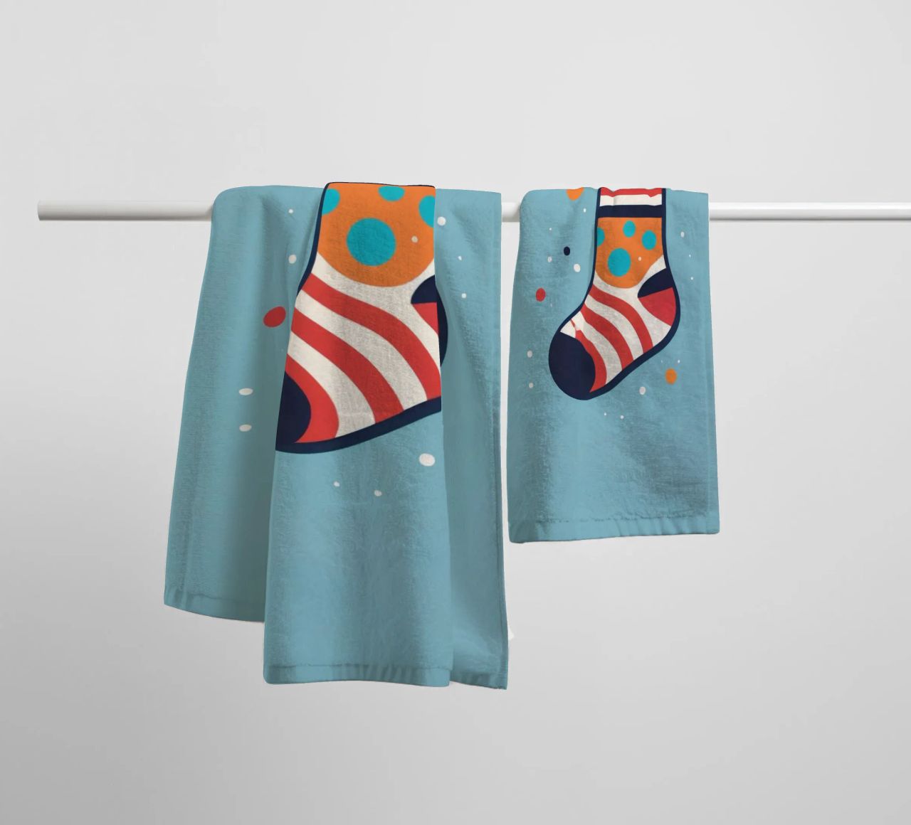 colorful sock with playful patterns on towel by DesignDoodle