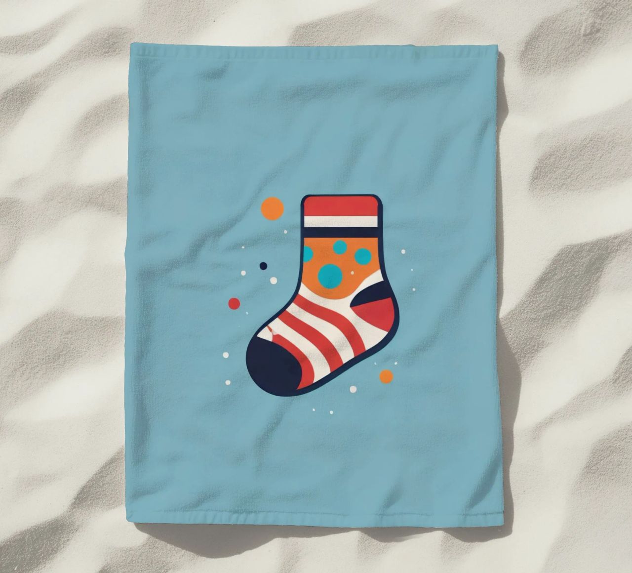 colorful sock with playful patterns on beach towel by DesignDoodle