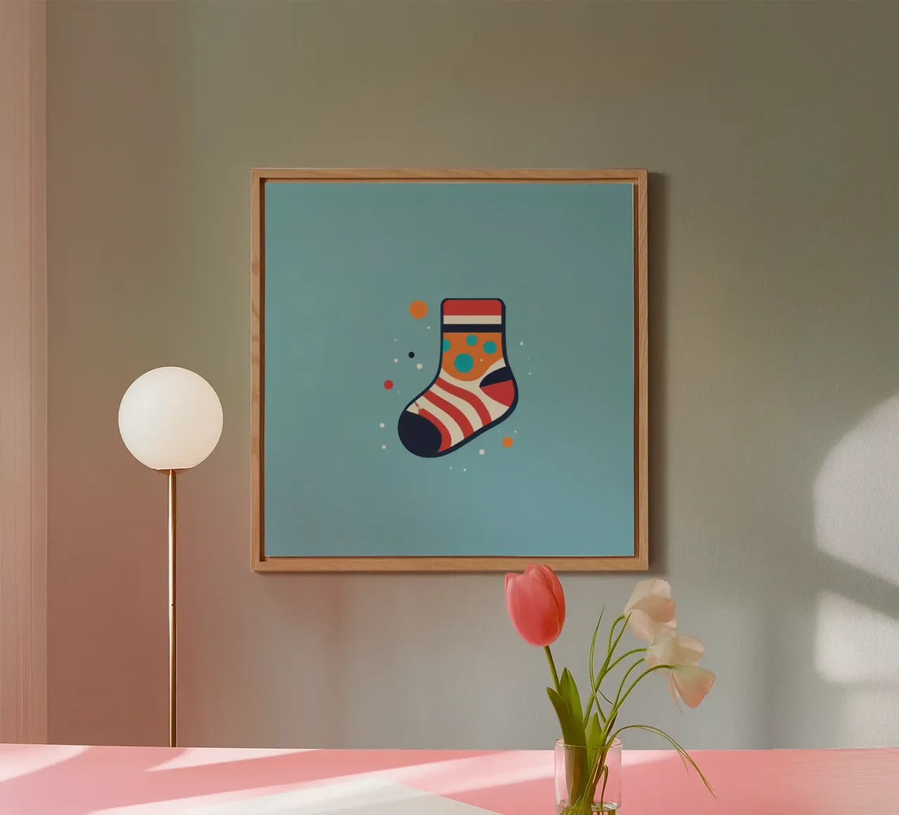 colorful sock with playful patterns on alu-dibond by DesignDoodle