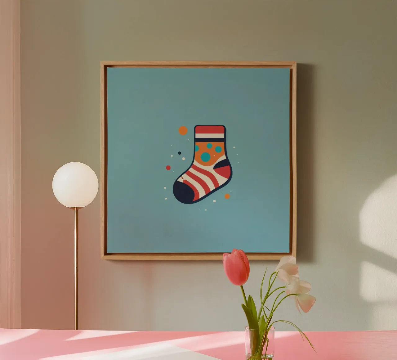 colorful sock with playful patterns on canvas with Floater frame by DesignDoodle