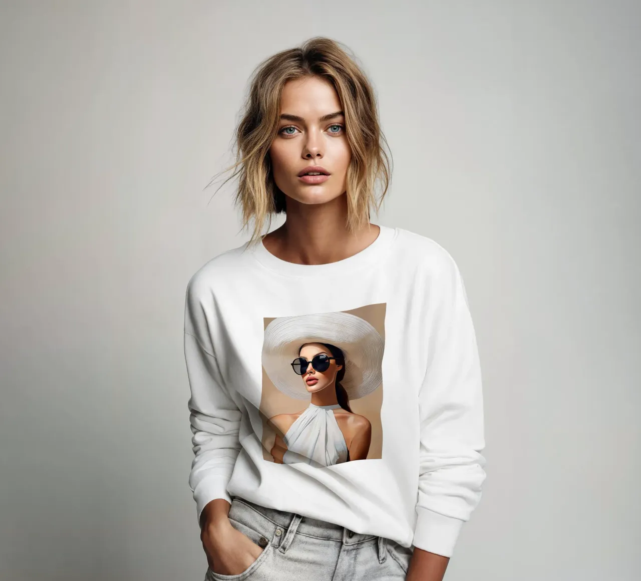 Donna con cappello bianco felpa da Take Your Art BV