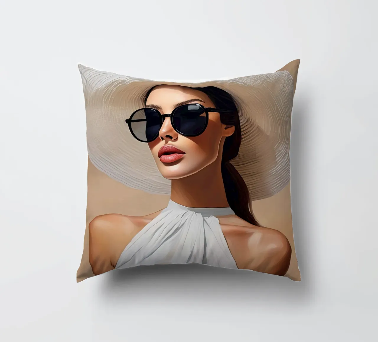 Donna con cappello bianco cuscino da Take Your Art BV