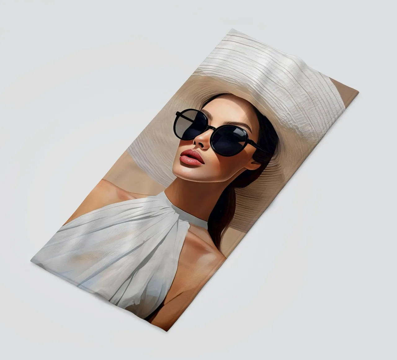 Donna con cappello bianco telo mare da Take Your Art BV