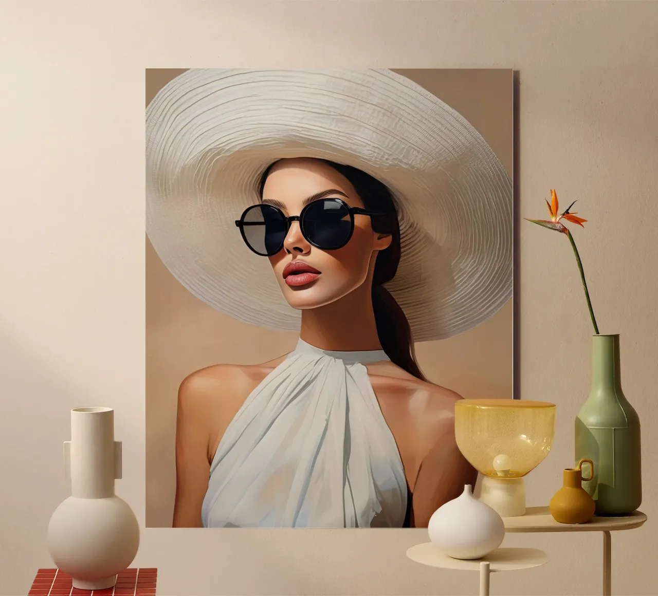 Donna con cappello bianco alluminio dibond da Take Your Art BV