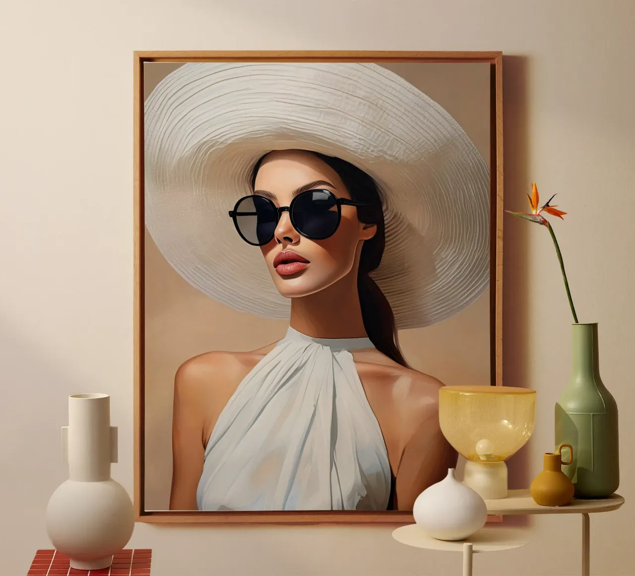 Donna con cappello bianco tela con Cornice a cassetta da Take Your Art BV